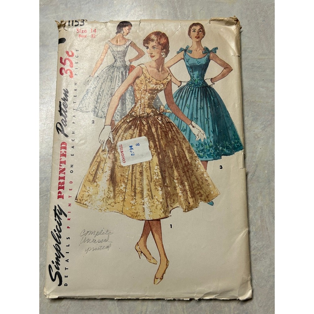 Vintage 50's Simplicity Pattern #1153 Women Flare Dress Size 14 Bust 32" Unused